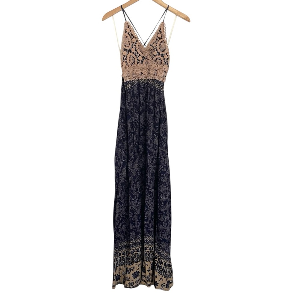 Ganji LA Halter Maxi Dress Boho Festival Blue Tan
